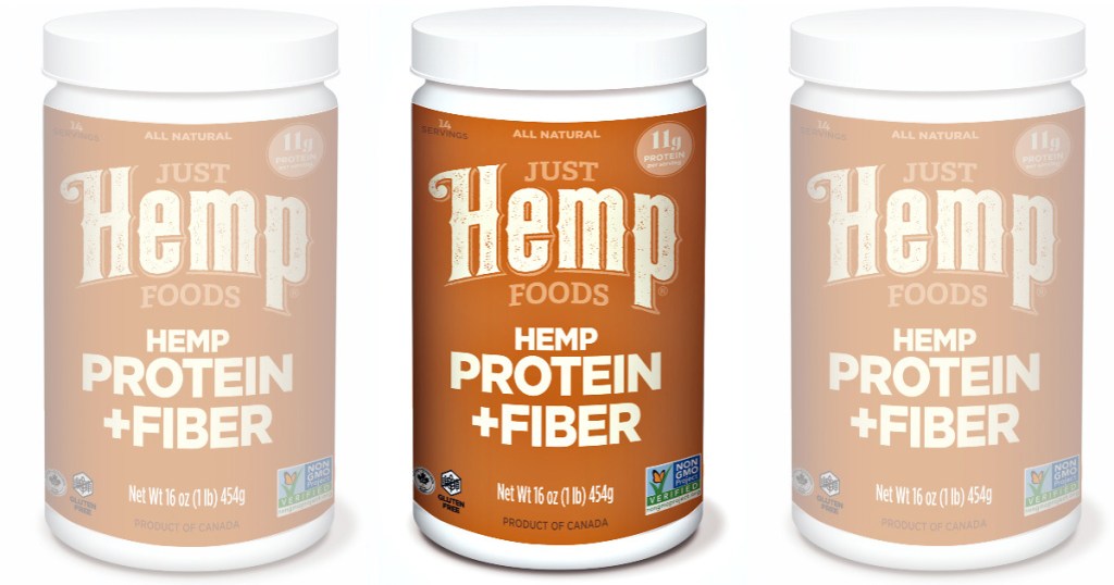 three brown and white containers of just hemp protein and fiber powder