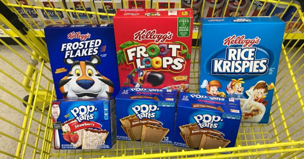 various breakfast items in yellow shopping cart in store