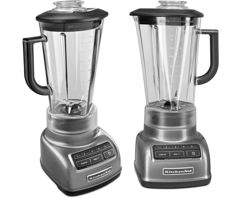 front and side views of a grey kitchenaid blender with black buttons