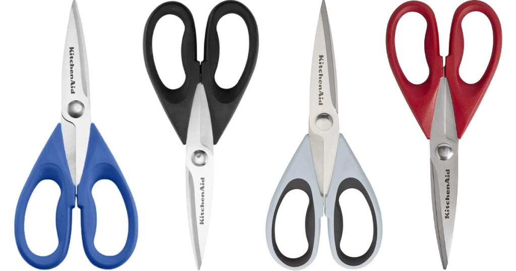 four pairs of kitchenaid scissors in blue, black, grey, and red colors