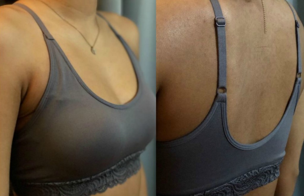 front and back view of woman in grey bra