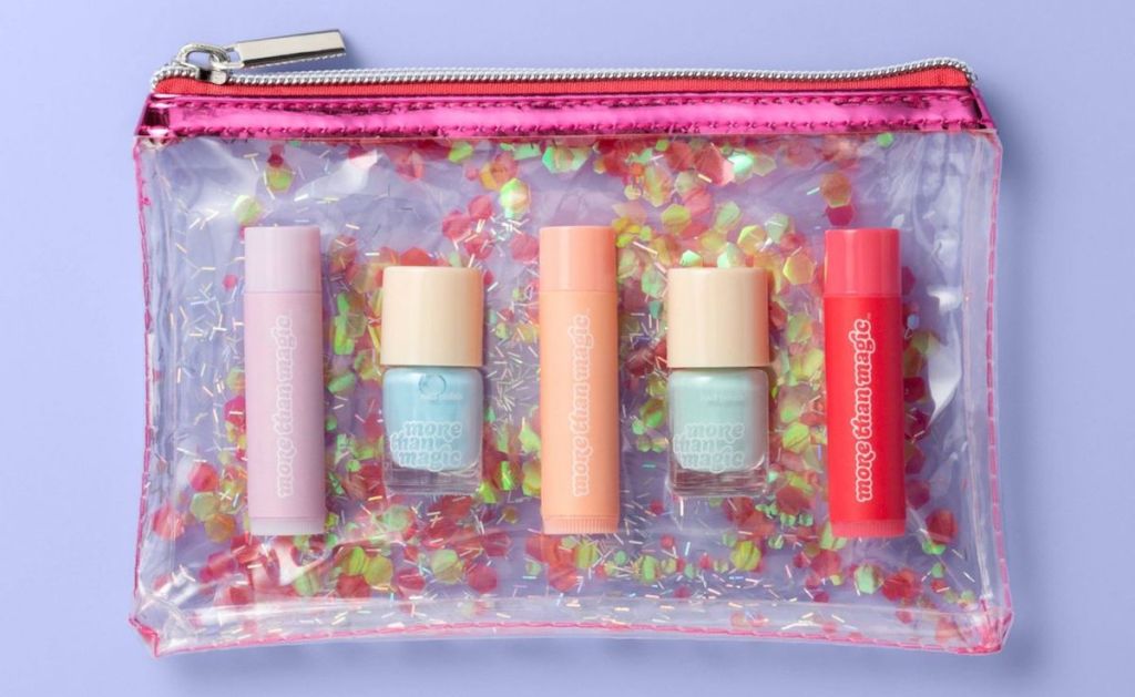 beauty set in a bag with nail polish and lip balm