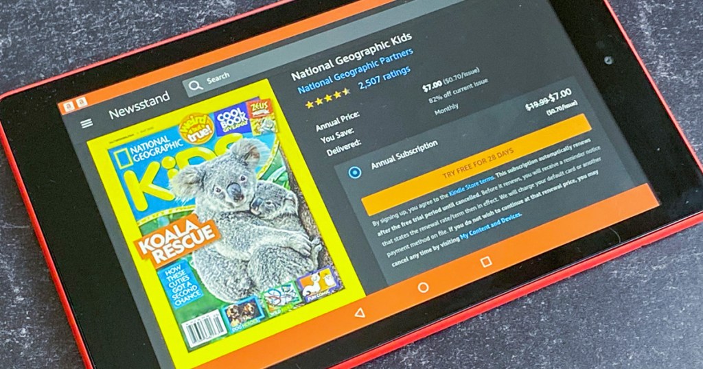 national geographic kids annual subscription on black kindle tablet
