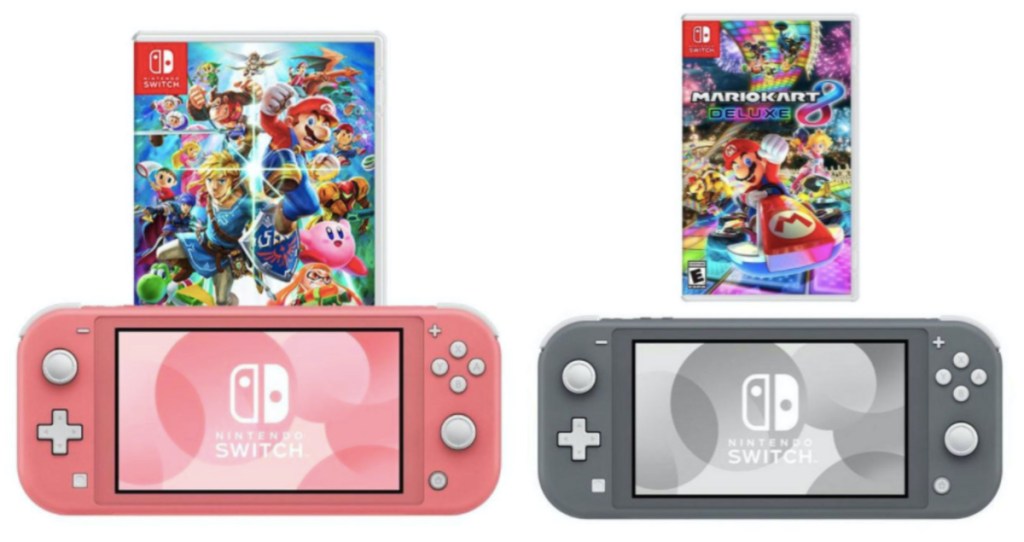 pink handheld gaming console and video game and grey handheld gaming console and video game