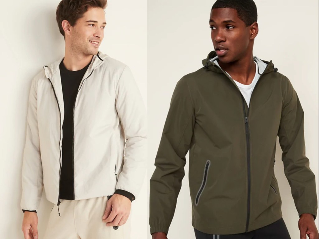 men wearing cream and olive color men's Go-H20 Water-Resistant Hooded Rain Jacket