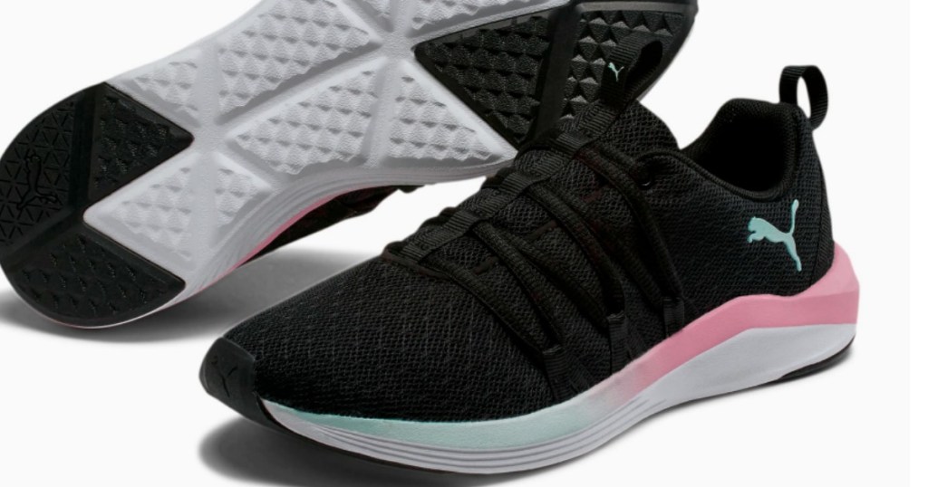 women's black and pink sneaker with a mint-colored puma logo