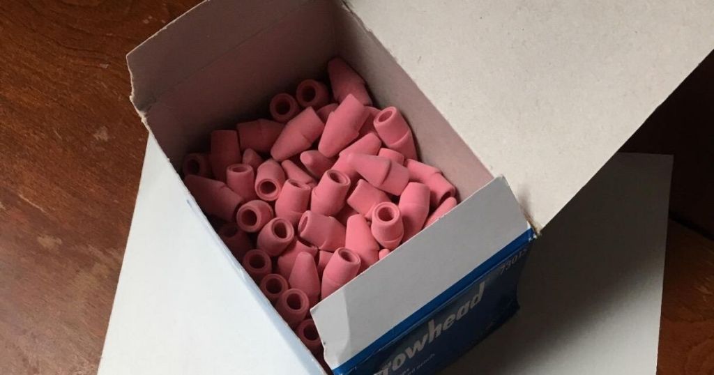 box of Paper Mate pink eraser tops