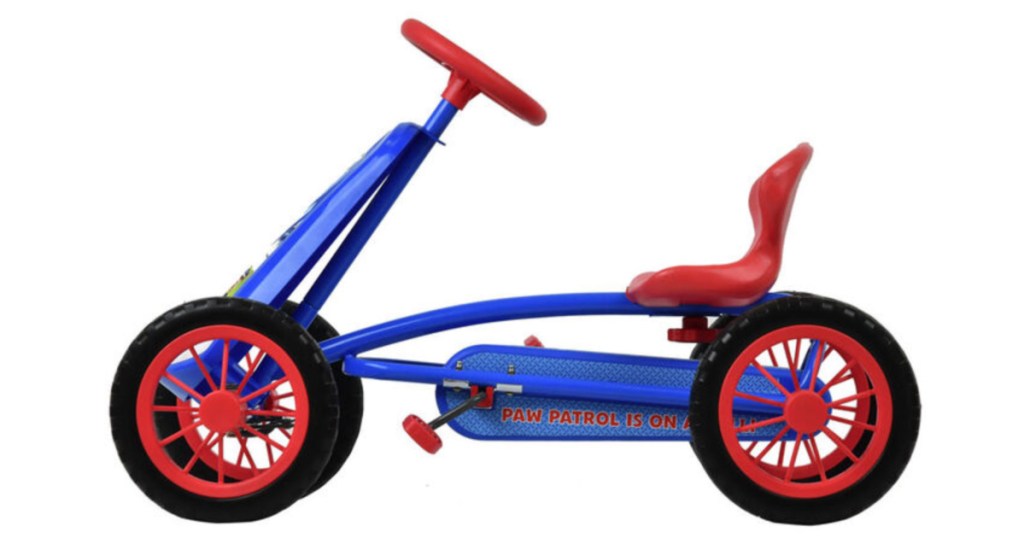 young child's blue and red pedal go kart