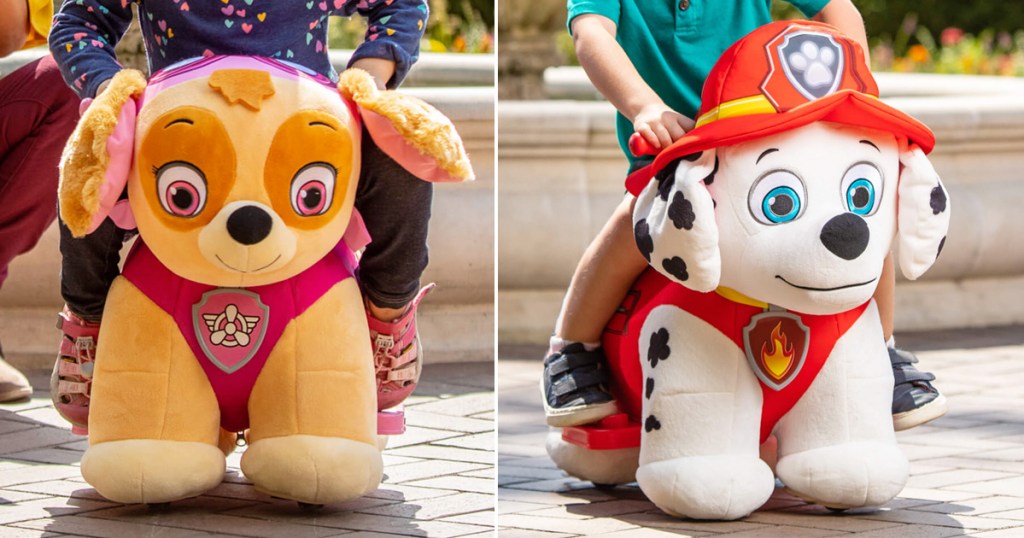 two kids plush ride-on toys shaped as the dogs skye and marshall from paw patrol