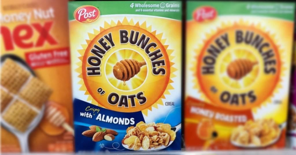 cereal boxes of post honey bunches of oats with almonds, honey roasted, and chex