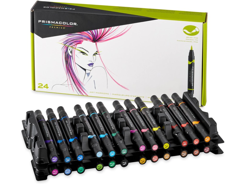 Prismacolor marker box with woman with pink hair sitting next to 24 Prismacolor markers