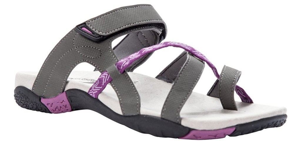 womens grey leather walking sandal with purple strap