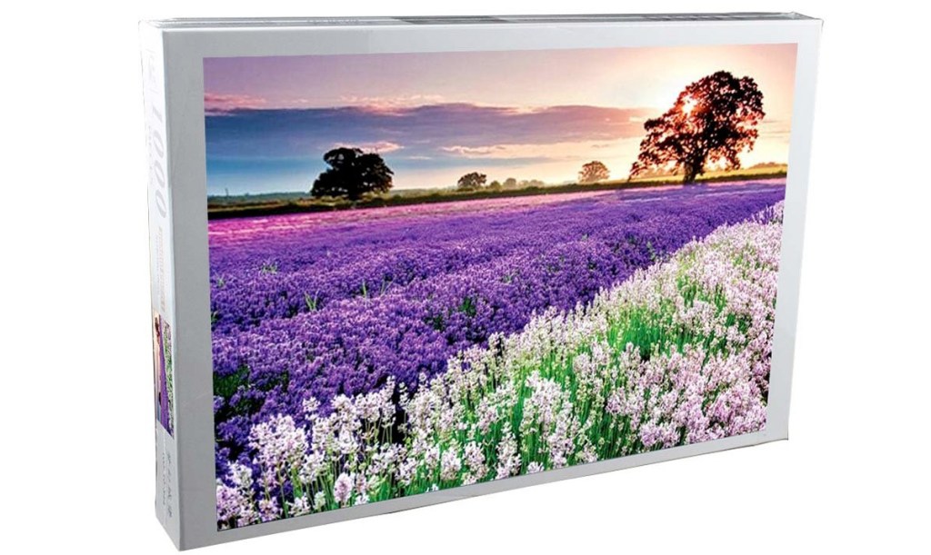 puzzle box with photo of a field of lavender flowers at sunrise