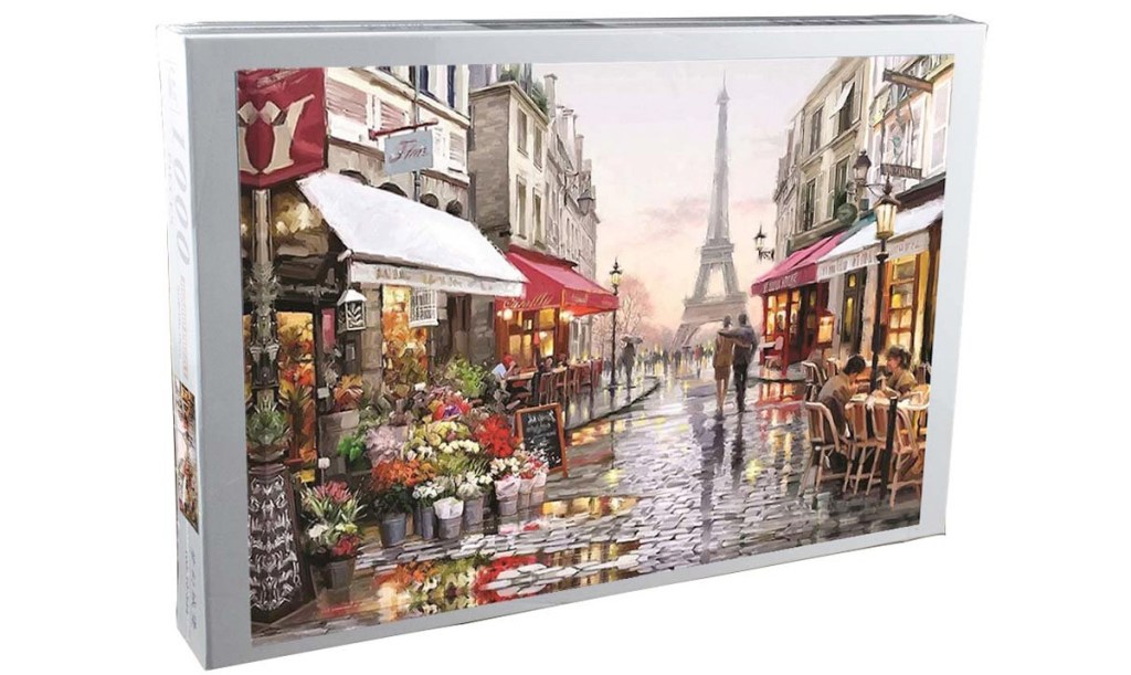 puzzle box with photo of busy paris street wit Eiffel tower in background