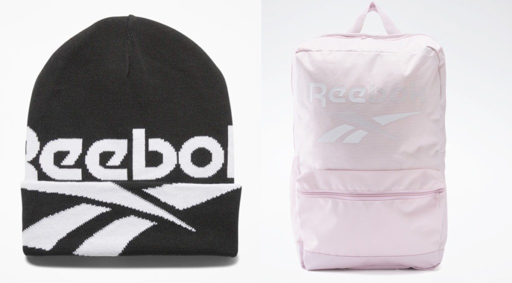 black and white reebok logo beanie and light pink reebok backpack