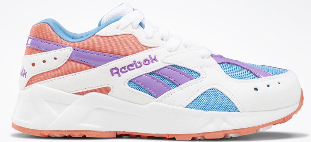 white, purple, blue, and pink girls reebok leather shoes