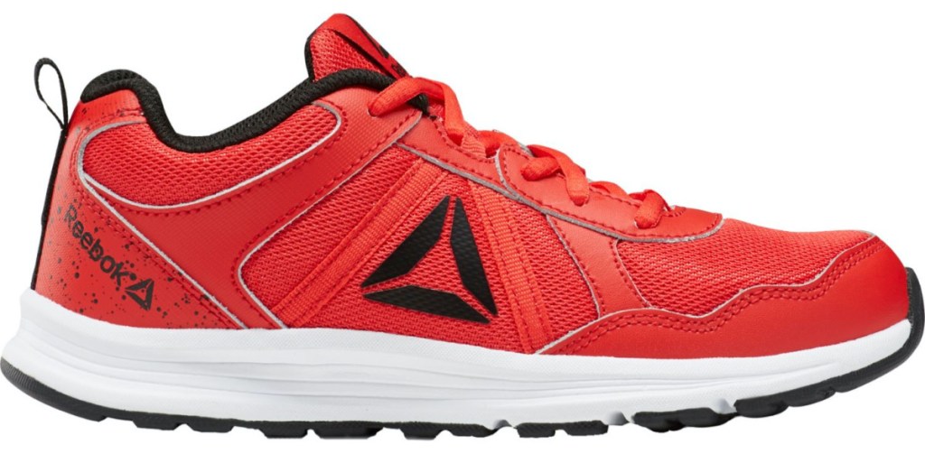 red and black kid's running shoe