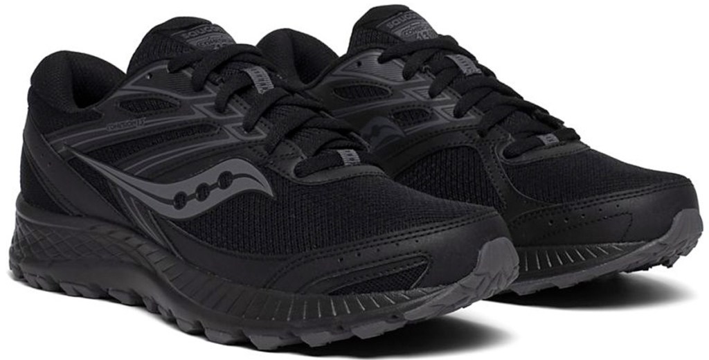 pair of all black mens running shoes