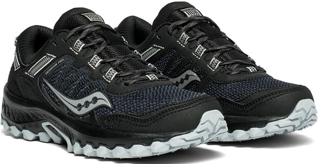 pair of black running shoes with grey soles