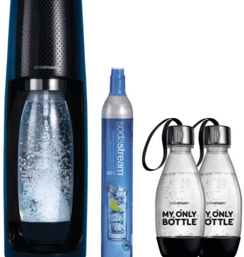 soda stream maker with CO2 cartridge and two reusable water bottles