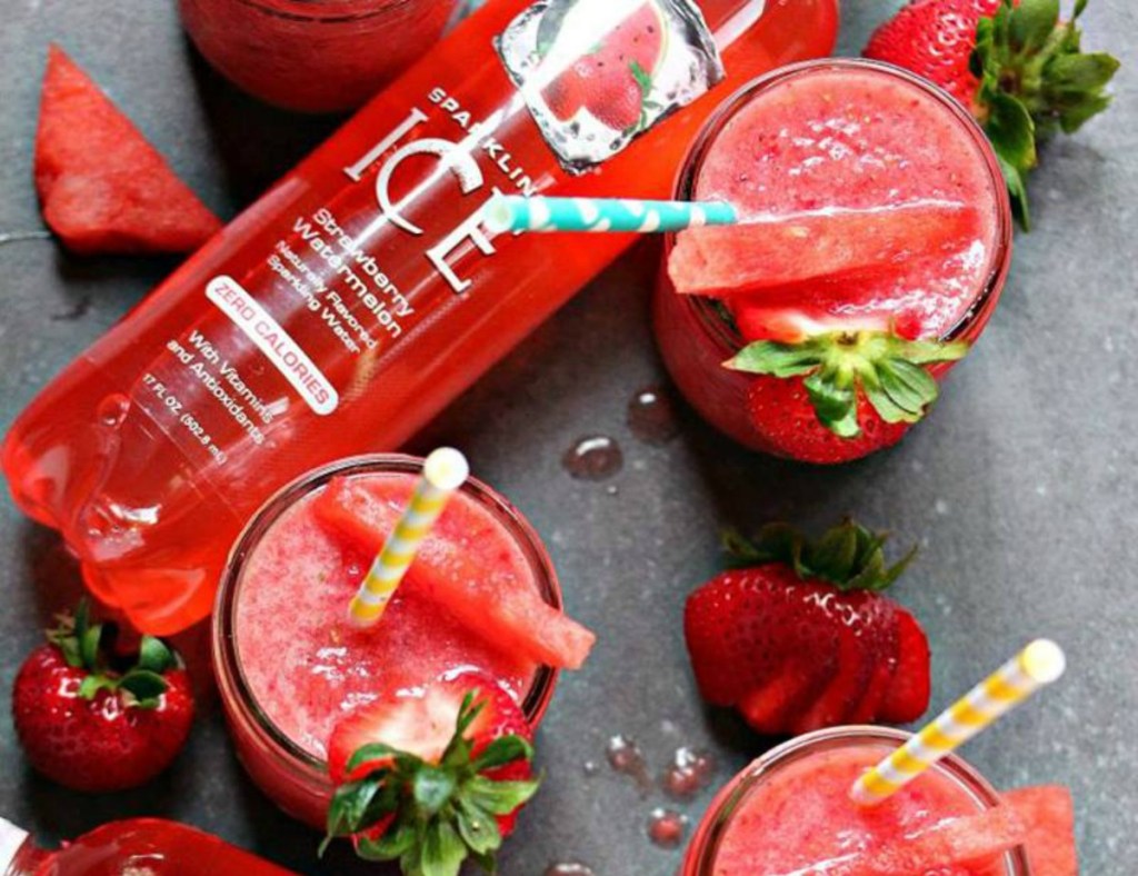 Sparkling Ice strawberry watermelon next to red slushie drinks and strawberries