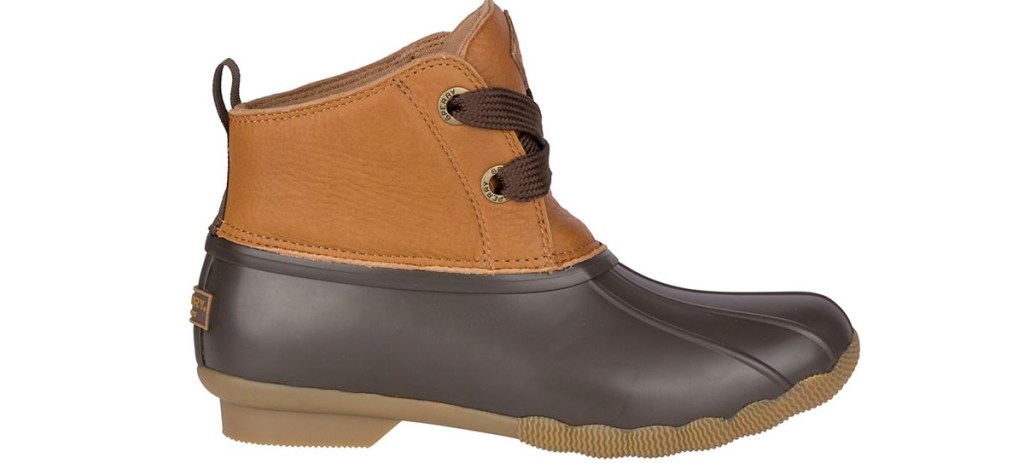 ankle height duck boot with brown rubber bottom and leather around ankle