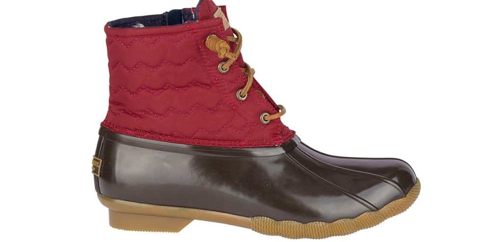 duck boot with brown rubber bottom and red quilted section around ankle