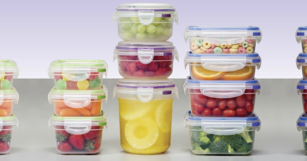 Stacks of Sterilite Containers filled with fruit