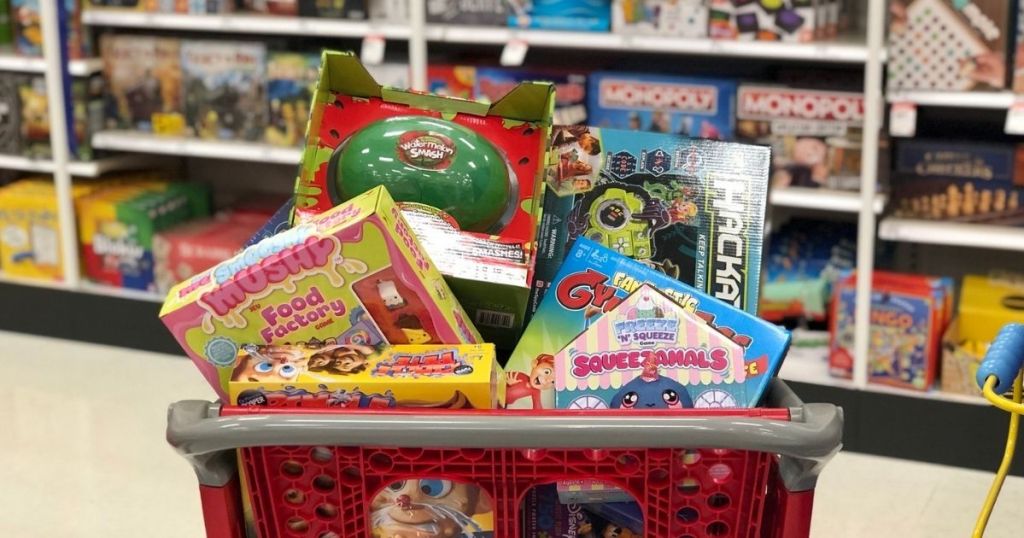 board games in basket at store