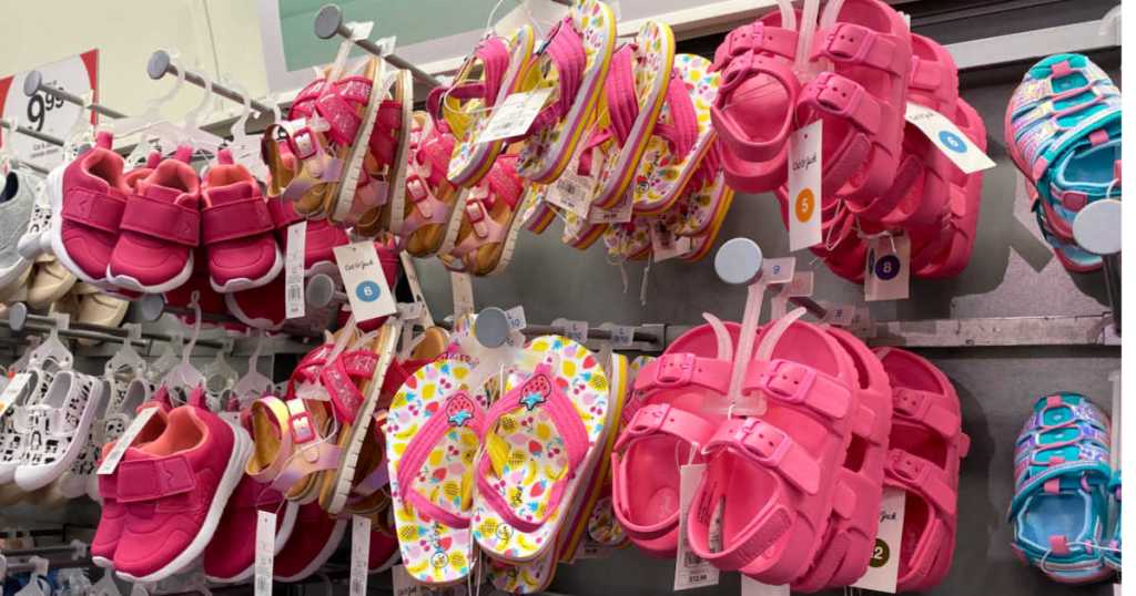rack of target kids sandals in pink and multicolor