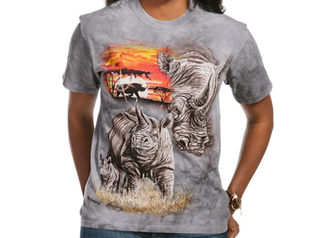 woman wearing rhino t-shirt