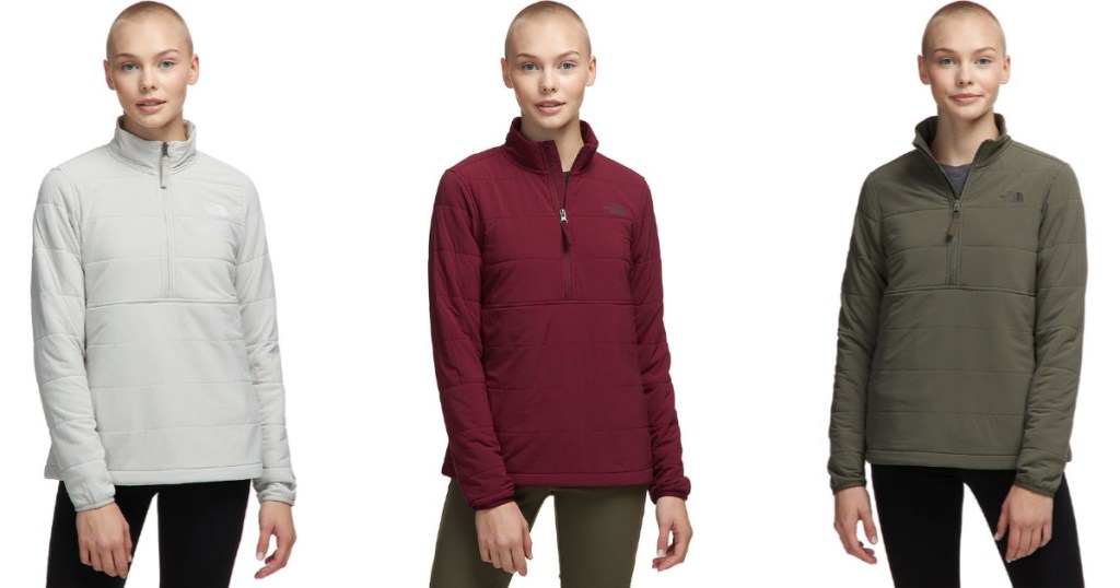 three women wearing grey, maroon, and green The North Face Mountain Sweatshirt 3.0 Pullover