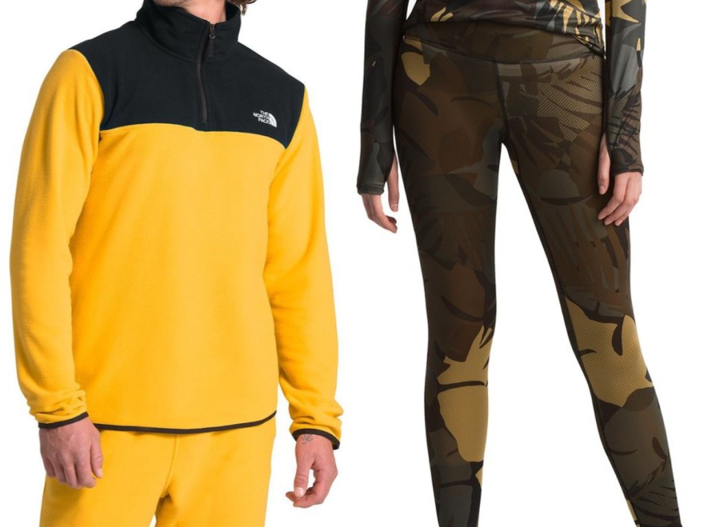 man in black and yellow fleece jacket and woman in green and brown printed leggings