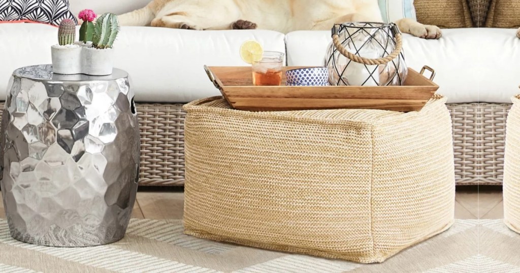 Threshold Natural Woven Outdoor Pouf in living room