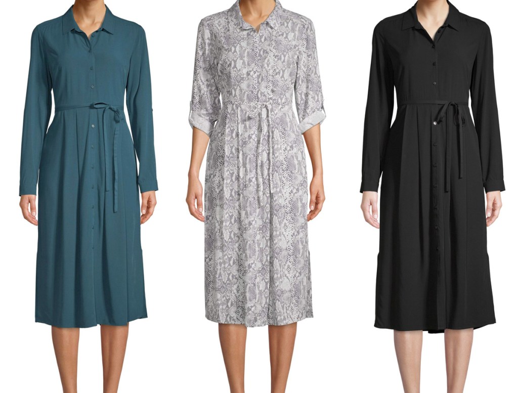 three women wearing long sleeve dresses with tie waists in teal, white and grey animal print, and black colors