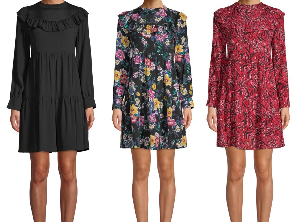three women wearing long-sleeve ruffle detail dresses in black, floral, and red prints