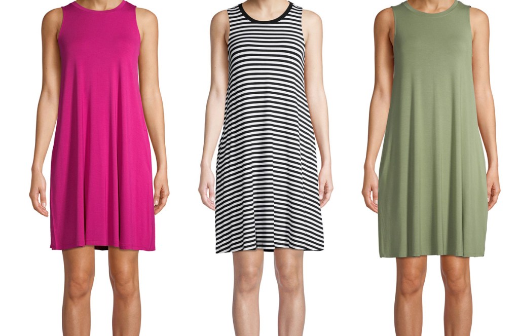 three women wearing sleeveless knit dresses in pink, black & white stripes, and olive green colors