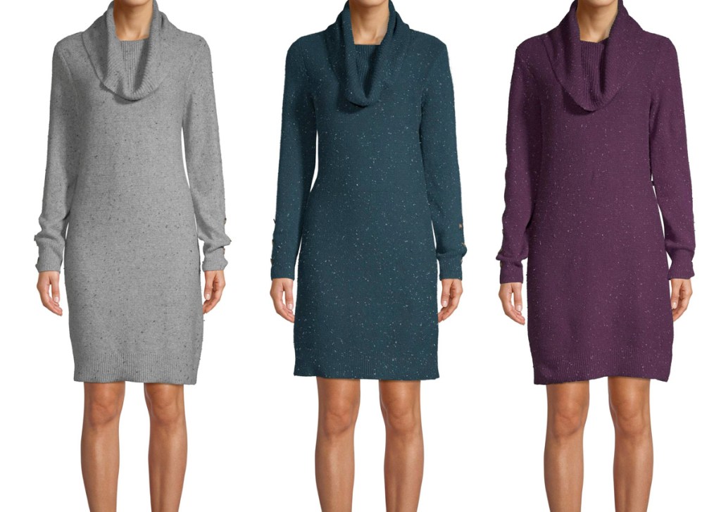 three women wearing cowl neck sweater dresses in light grey, navy blue, and dark purple colors