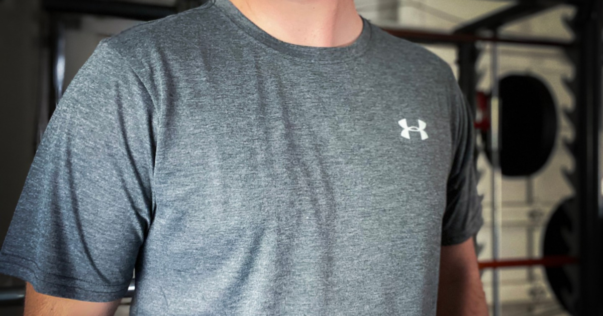 man in gray men's fitness t-shirt
