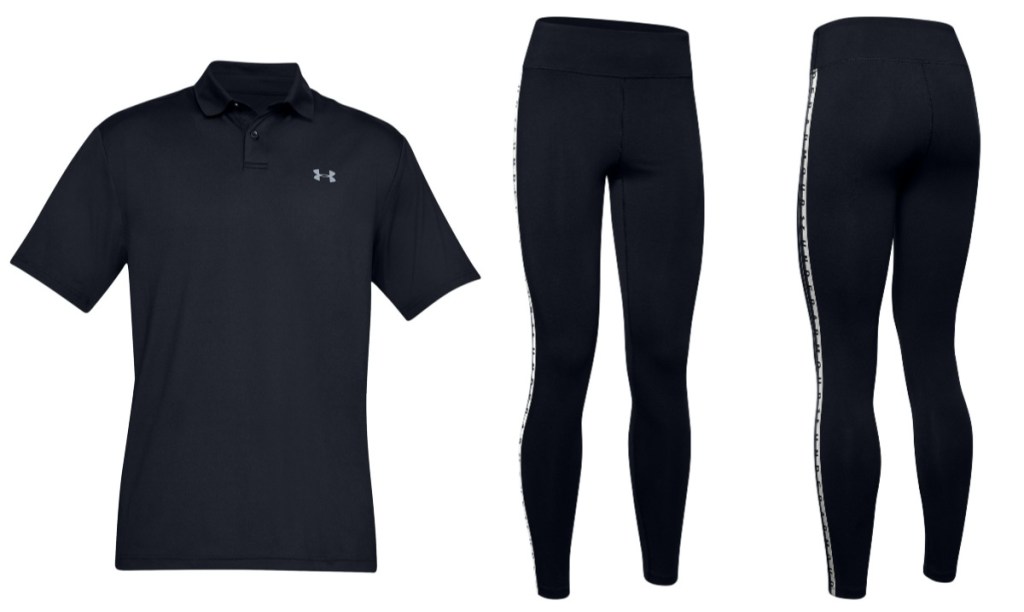 black men's polo shirt and black women's leggings