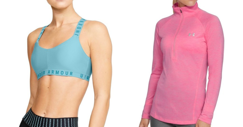 woman wearing a blue sports bra next to woman wearing a pink sweatshirt