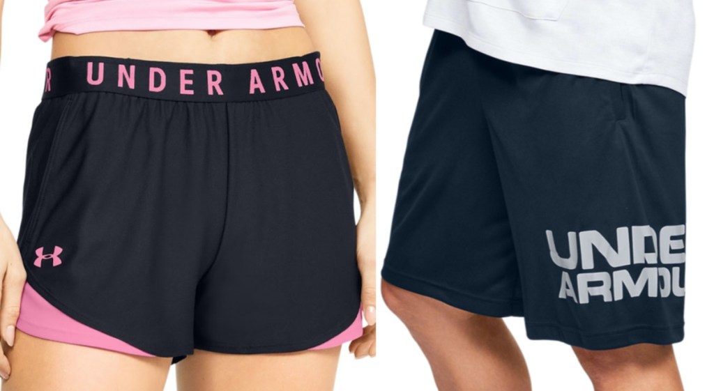 woman in black and pink shorts and man in dark blue shorts