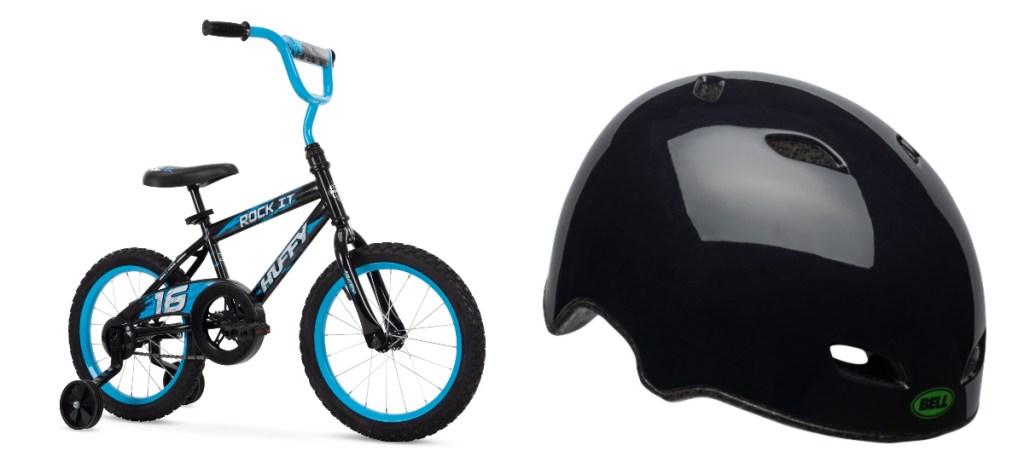 huffy 16" rock it bike with black helmet product display