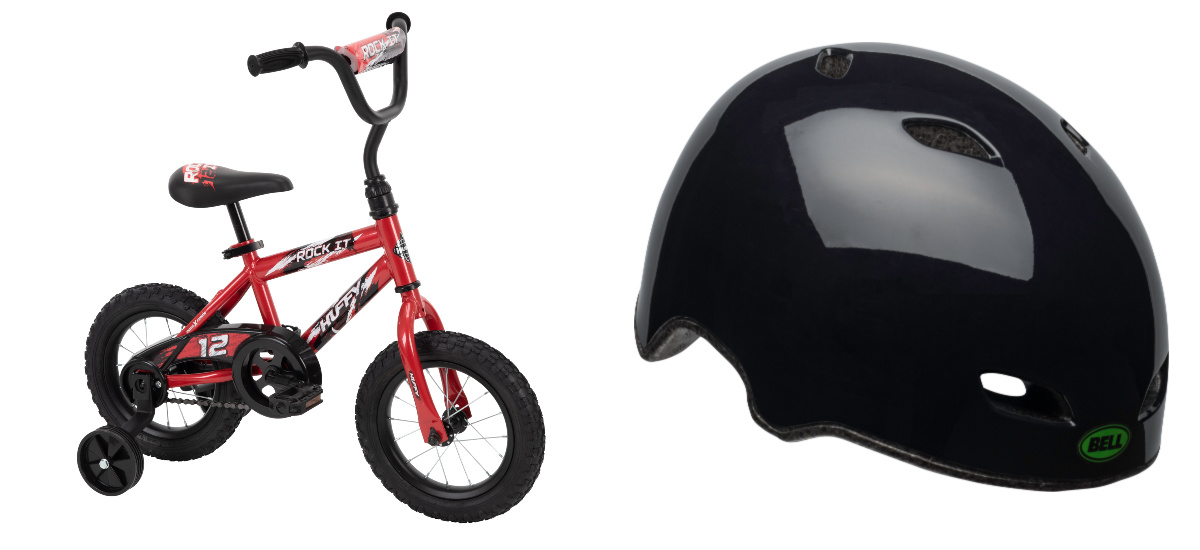 huffy 12' rock it bike red with bike helmet product display
