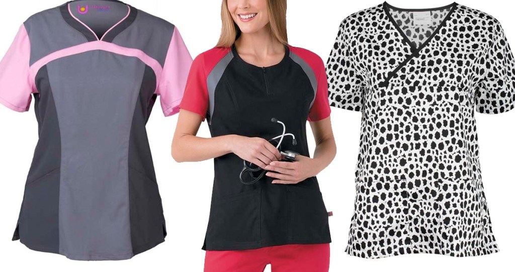 grey and pink scrub top, woman wearing black and red scurb top, and white and black printed scrub top