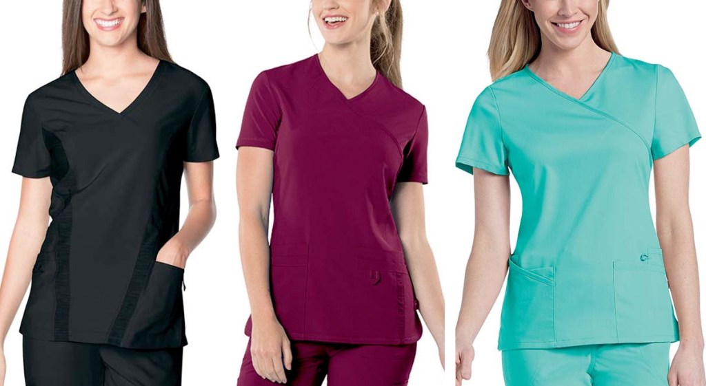 three women wearing black, maroon, and teal colored scrub tops