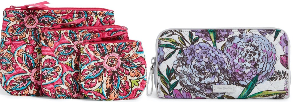 pink floral cosmetic bag set and purple floral wallet