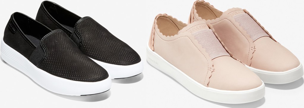 two pairs of womens slip on sneakers, one black faux leather and one light pink colored with scalloped edges