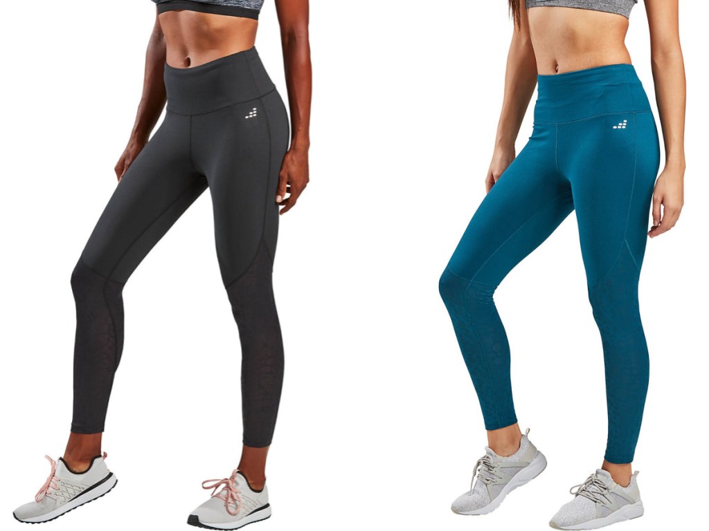 pair of black and teal leggings on two women