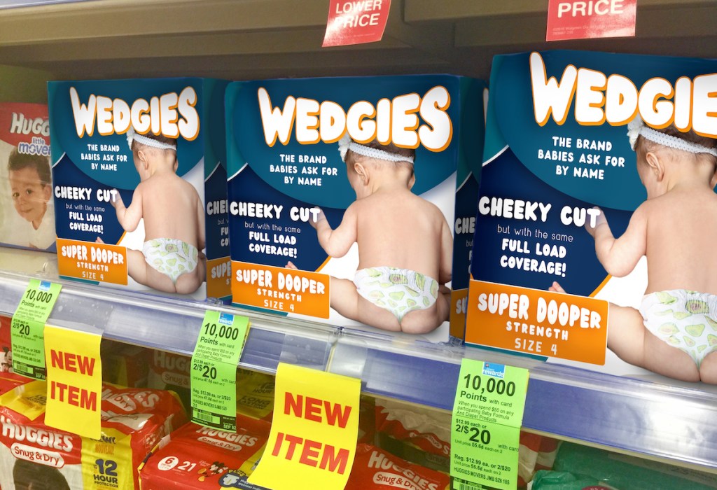 wedgies diapers packs on store shelf